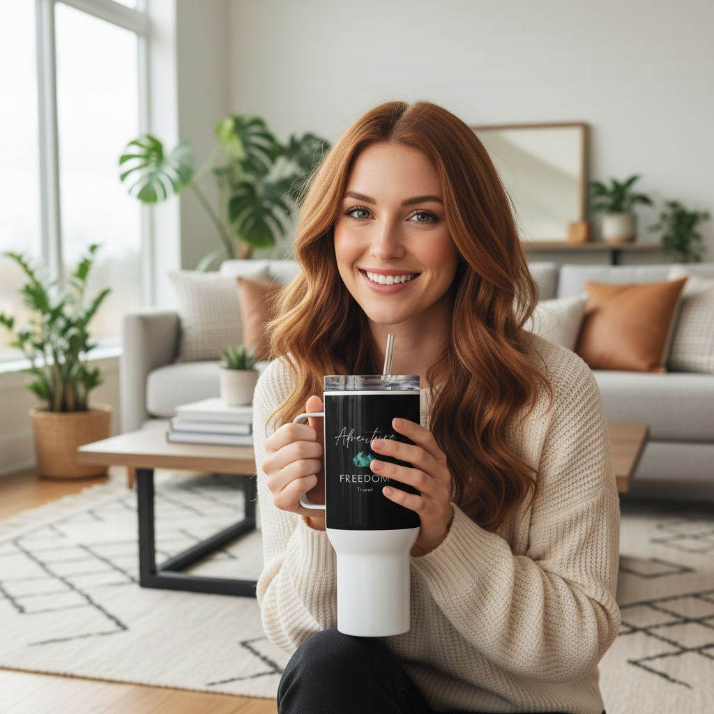 Woman holding Adventure Freedom Travel travel mug in living room