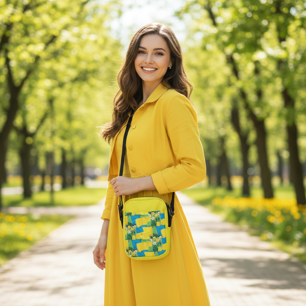 Woman holding bag to display floral geometric design