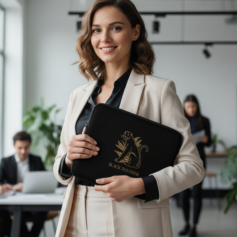 Woman holding black Black Panther laptop sleeve close showing gold design clearly in modern workspace