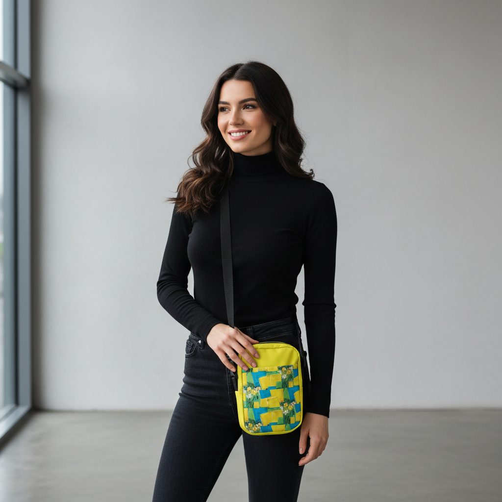 Woman in all black outfit with bright yellow crossbody bag