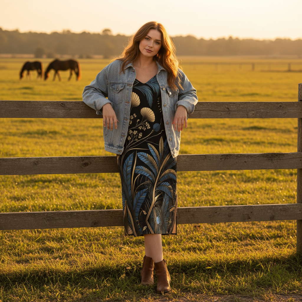 Woman in Art Deco dress at countryside farm with horses