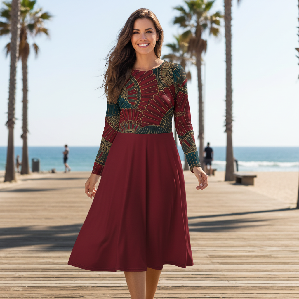 Woman in art deco dress on coastal promenade