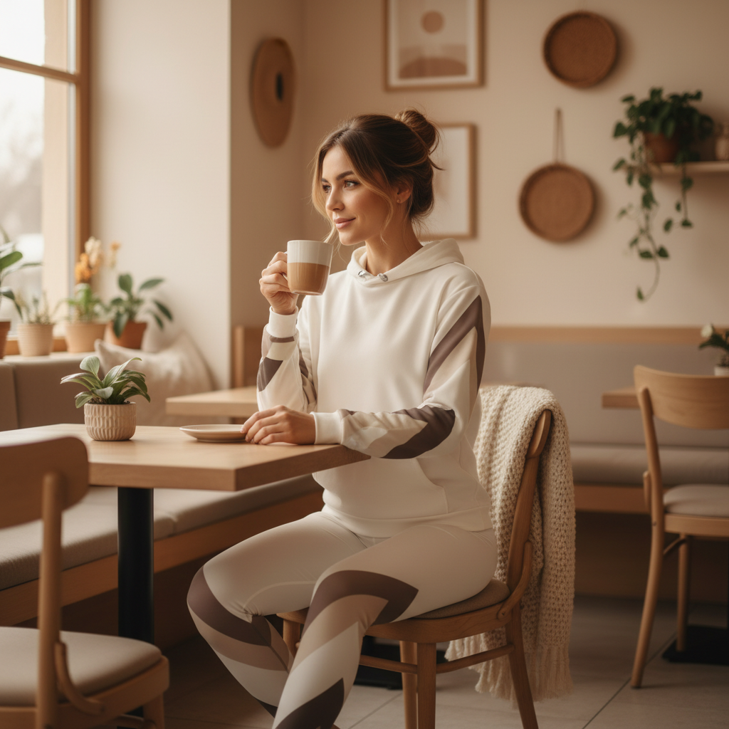 Woman in beige geometric hoodie and triangle leggings in café