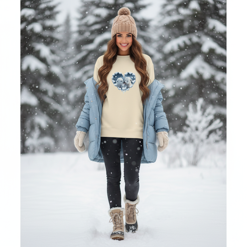 Woman in beige sweatshirt with light blue jacket in snowy landscape