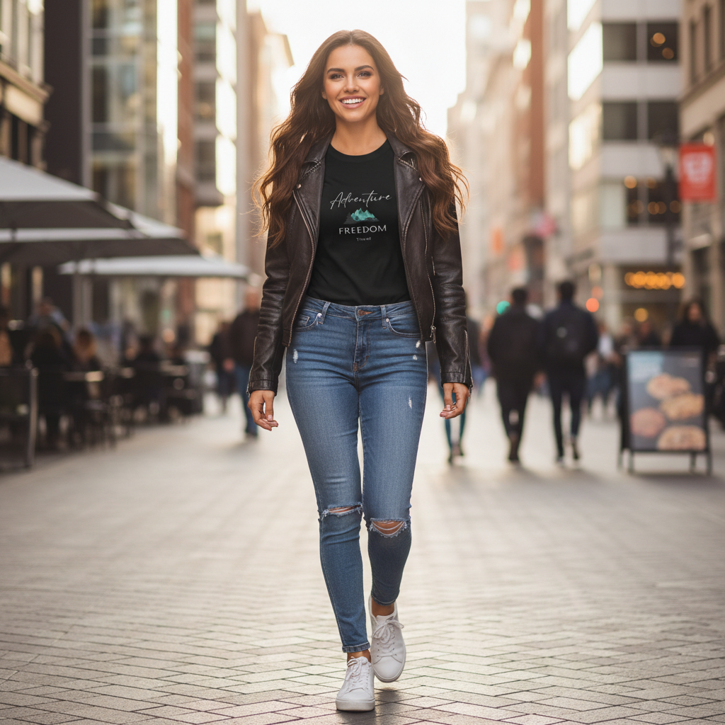 Woman in black Adventure Freedom Travel t-shirt with leather jacket