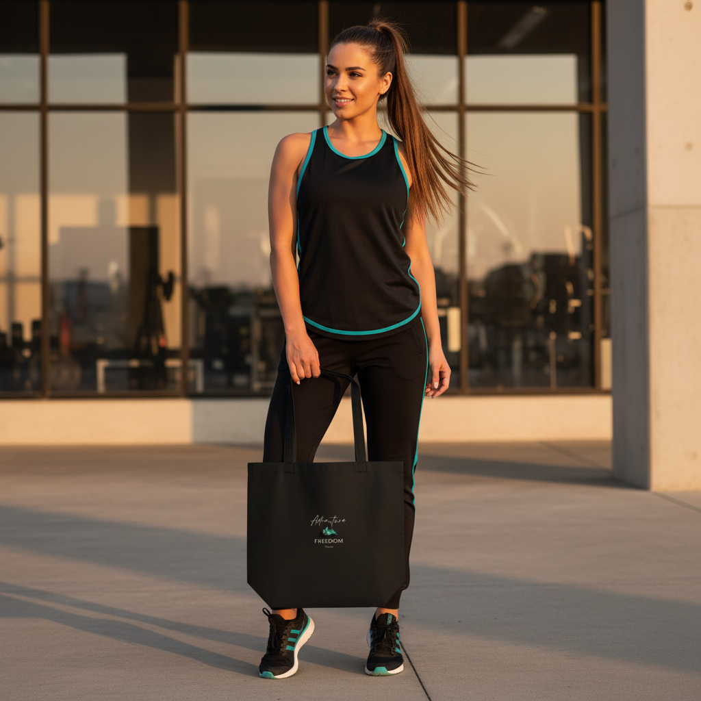 Woman in black athletic outfit with teal details holding Adventure Freedom Travel tote bag