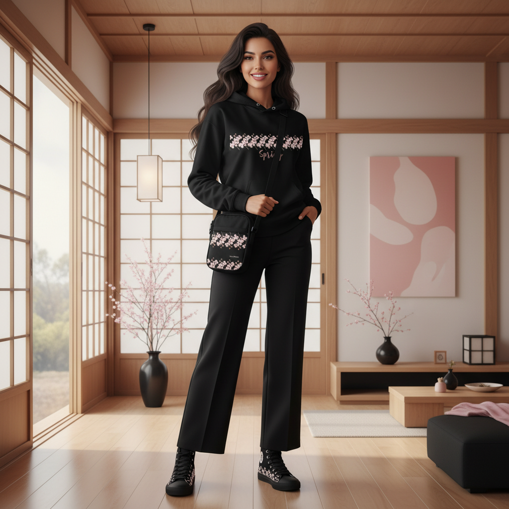 Woman in black cherry blossom hoodie with matching sneakers and bag in modern apartment