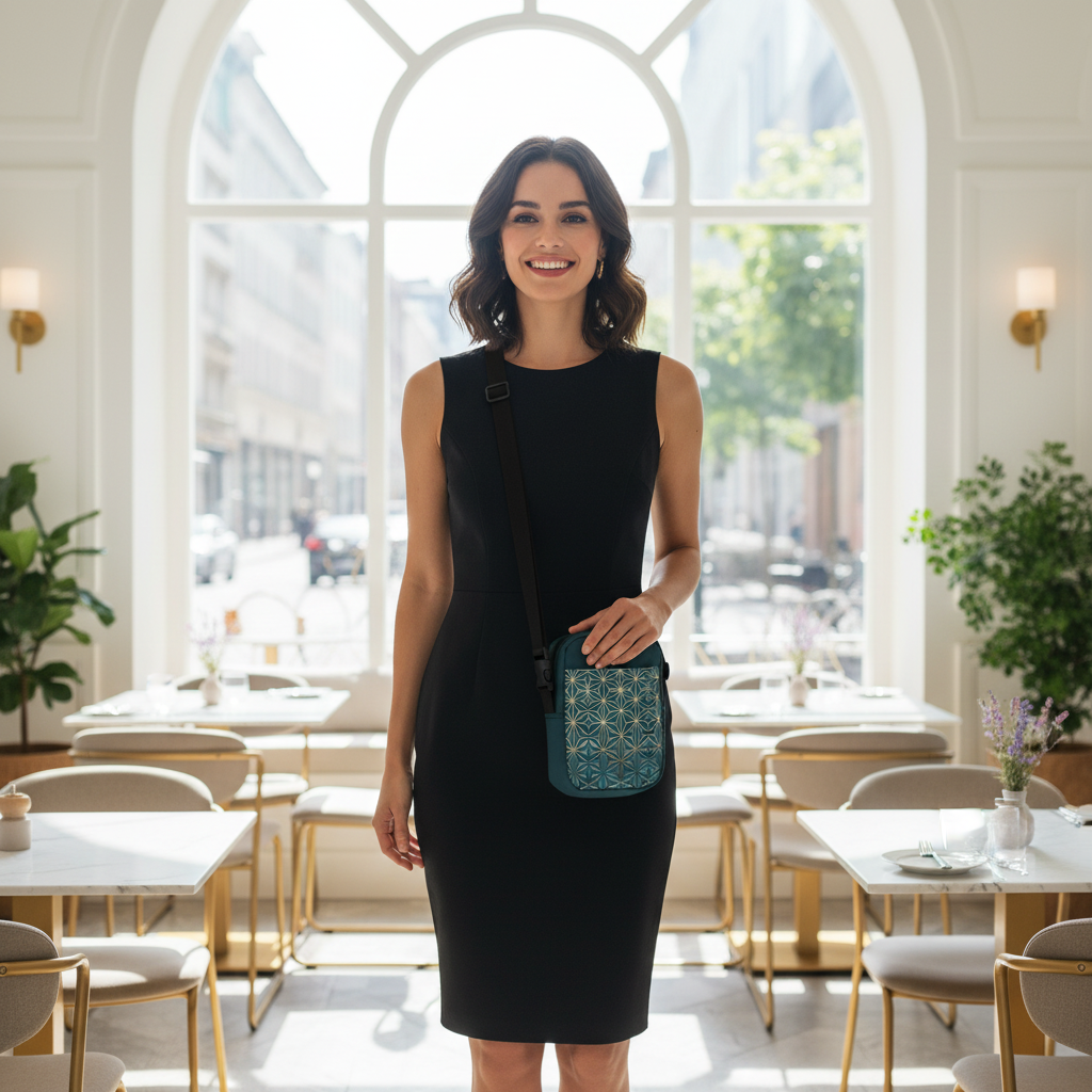 Woman in black dress with teal geometric crossbody bag in sunny restaurant