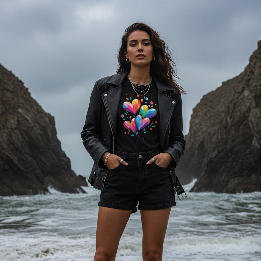 Woman in black floral heart tee with shorts and leather jacket on rocky beach