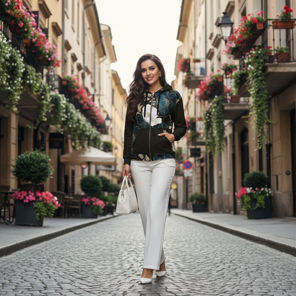 Woman in black floral zip hoodie with white wide-leg trousers and accessories