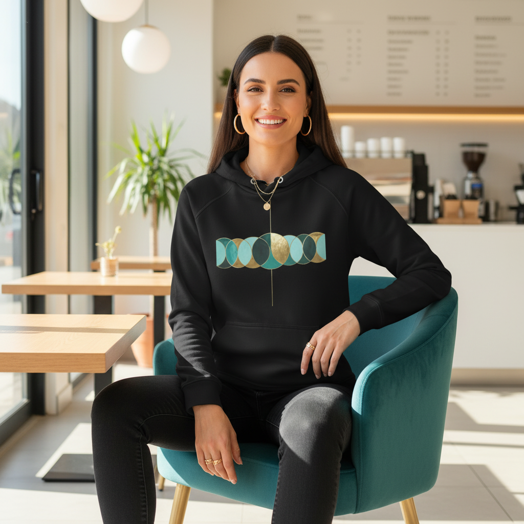 Woman in black geometric hoodie with gold accessories sitting in contemporary cafe
