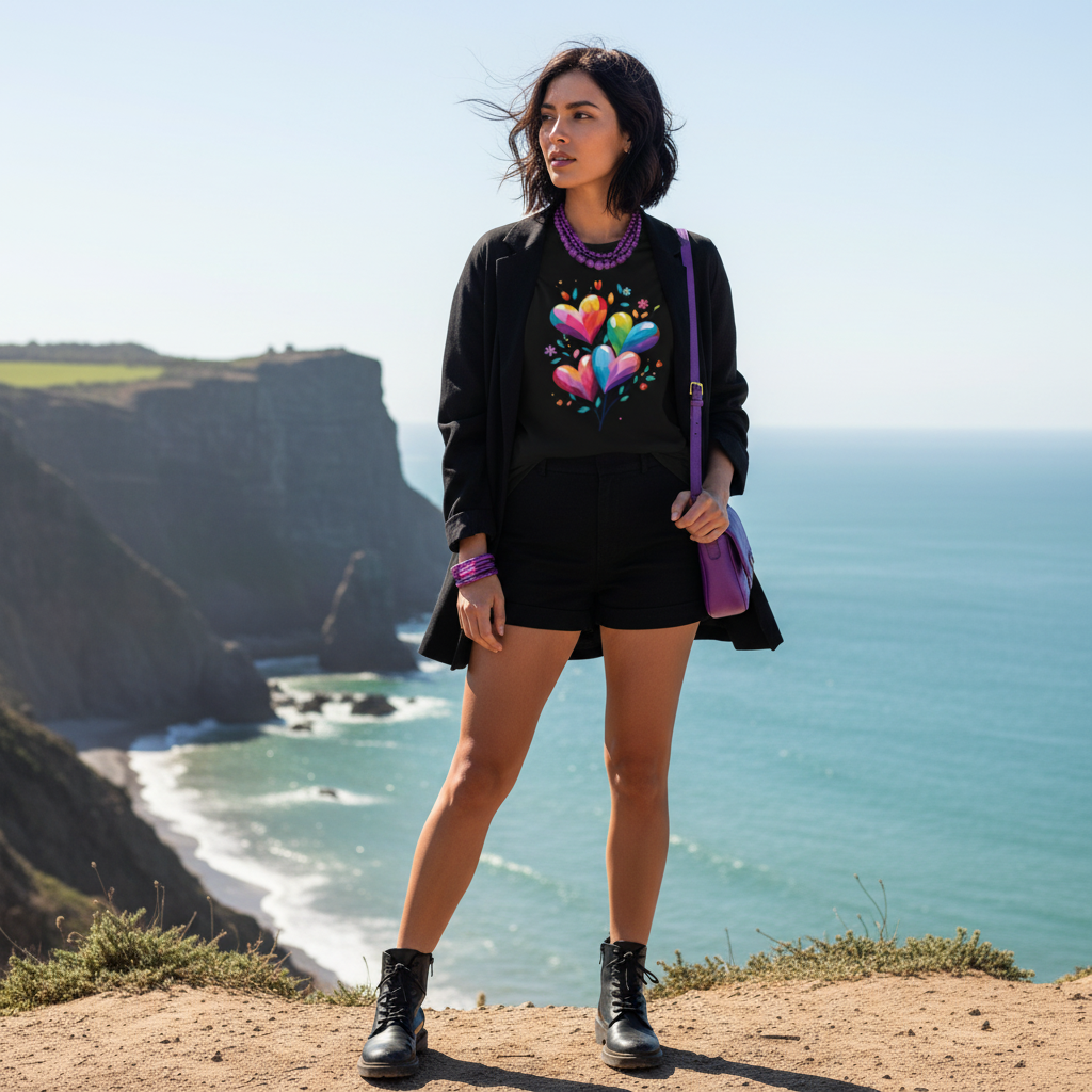 Woman in black heart tee with purple accessories on sunny coastal cliffs