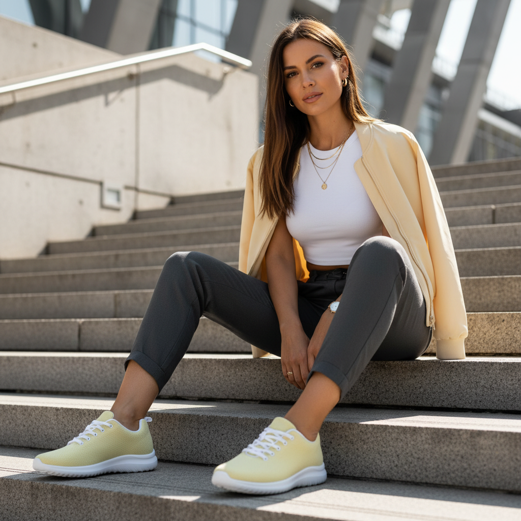 Woman in black joggers white crop top and soft yellow bomber with pale yellow shoes