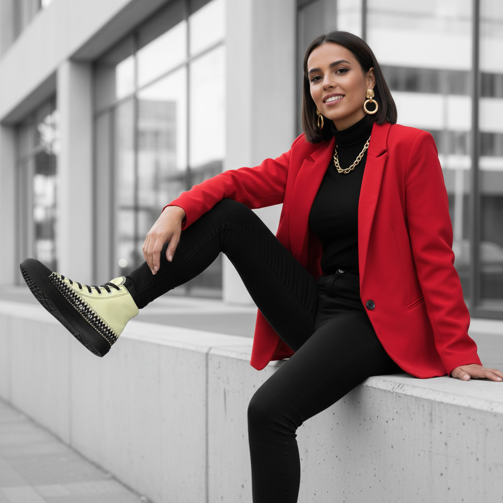 Woman in black outfit with red blazer and yellow geometric high-top shoes