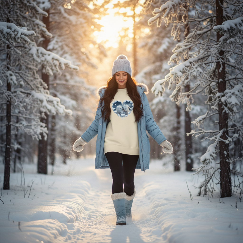 Woman in black sweatshirt walking through winter forest
