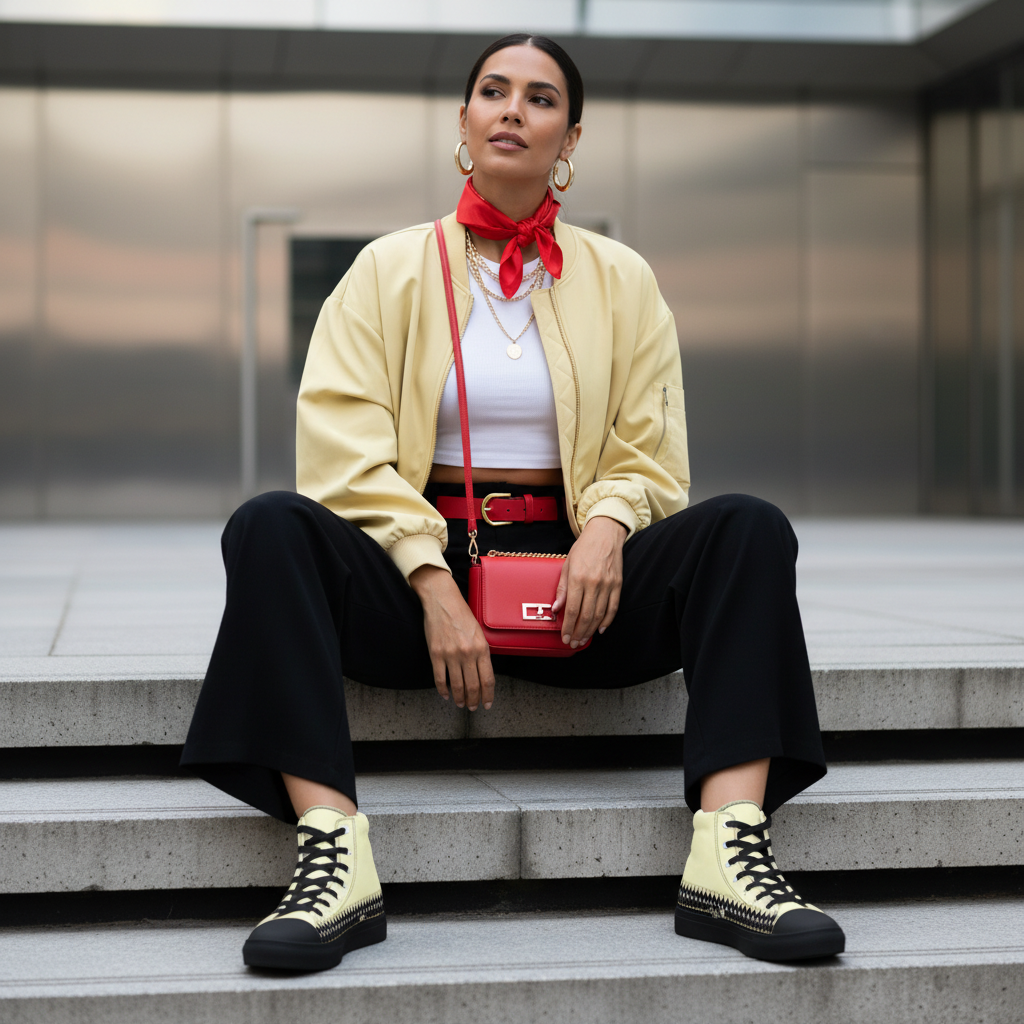 Woman in black trousers white crop top yellow bomber with red accessories and yellow high-tops
