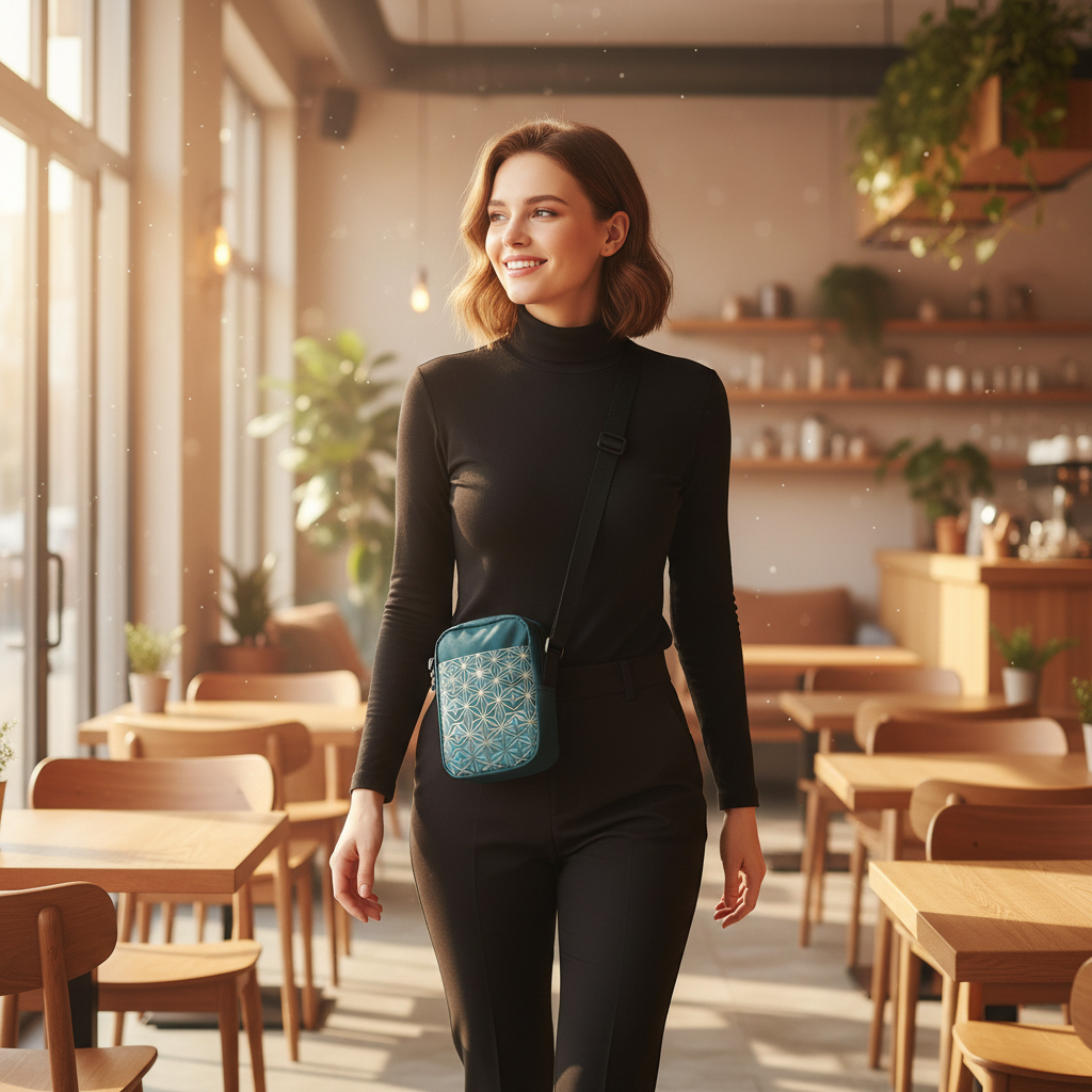 Woman in black turtleneck with teal and gold crossbody bag in bright sunny cafe