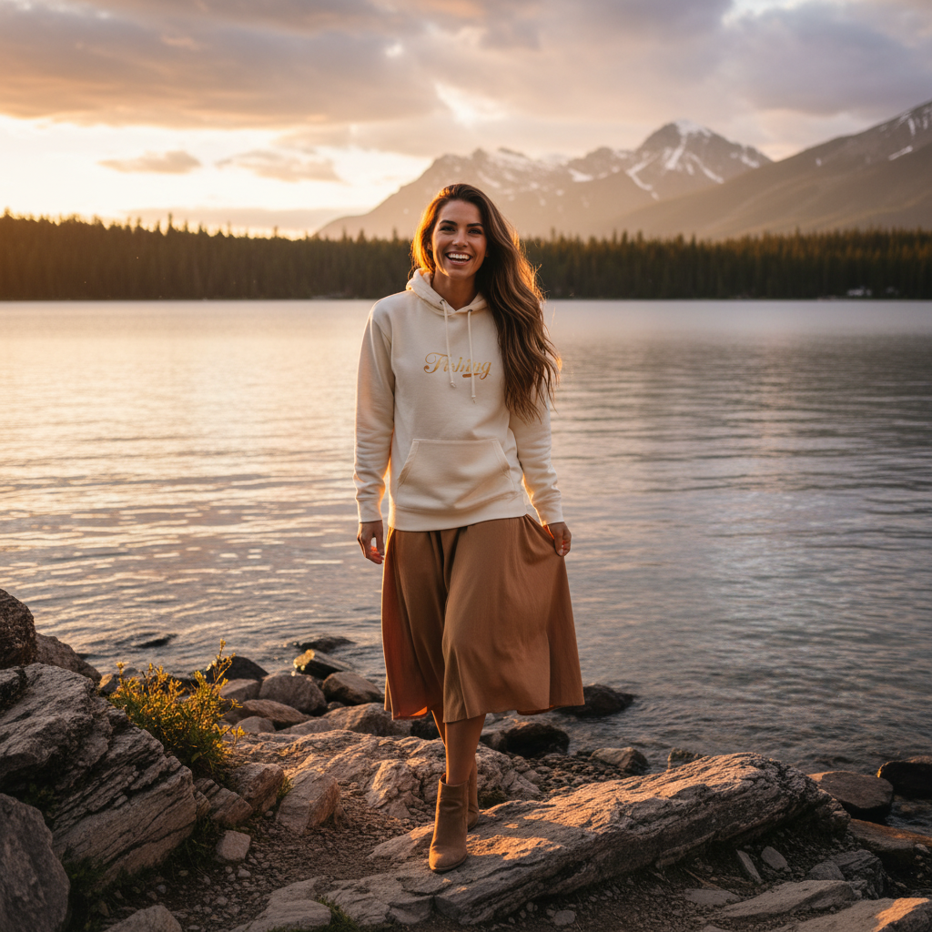 Woman in bone cream Fishing hoodie with camel midi skirt and tan boots by Canadian lake