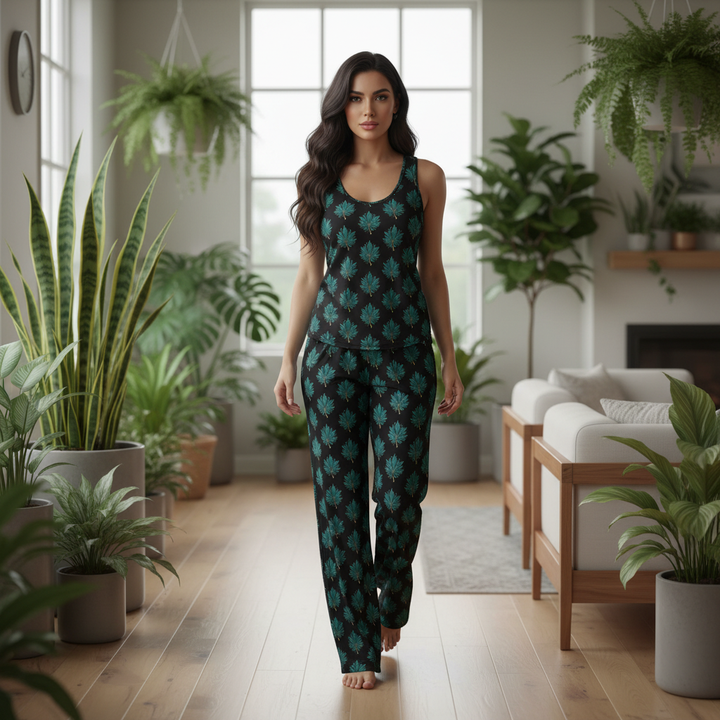 Woman in botanical print pants and tank top in modern interior