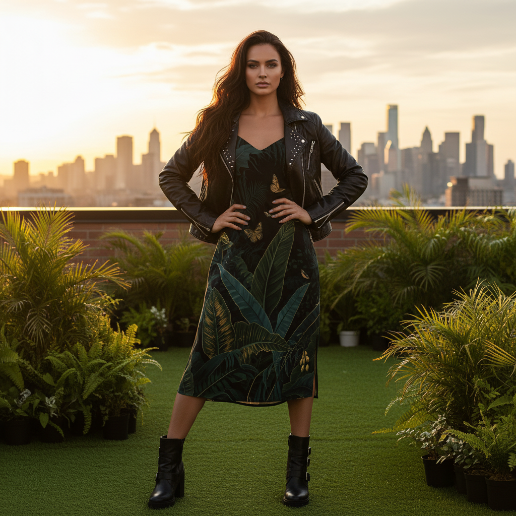Woman in butterfly dress with leather jacket on rooftop