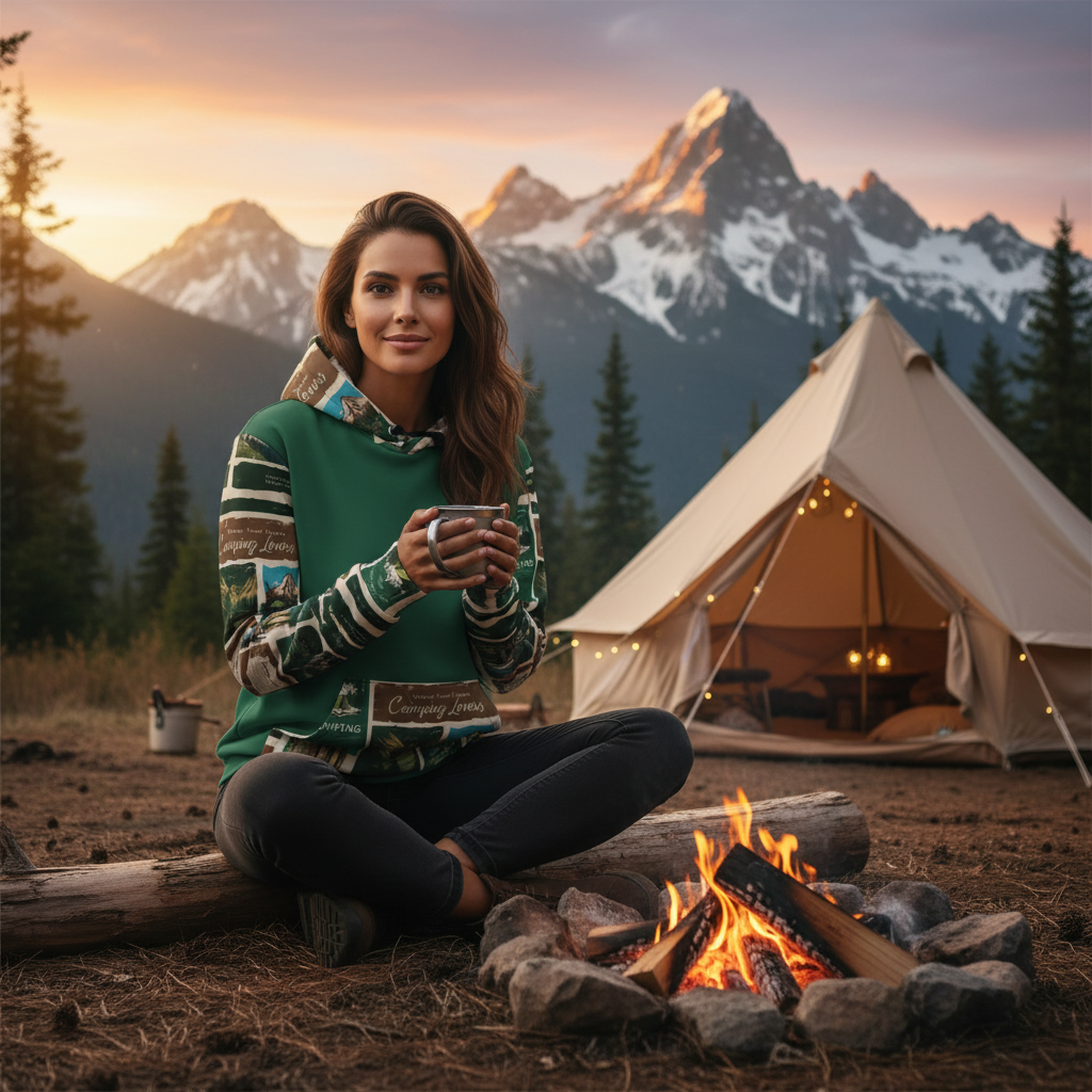 Woman in camping lovers hoodie by campfire at sunset