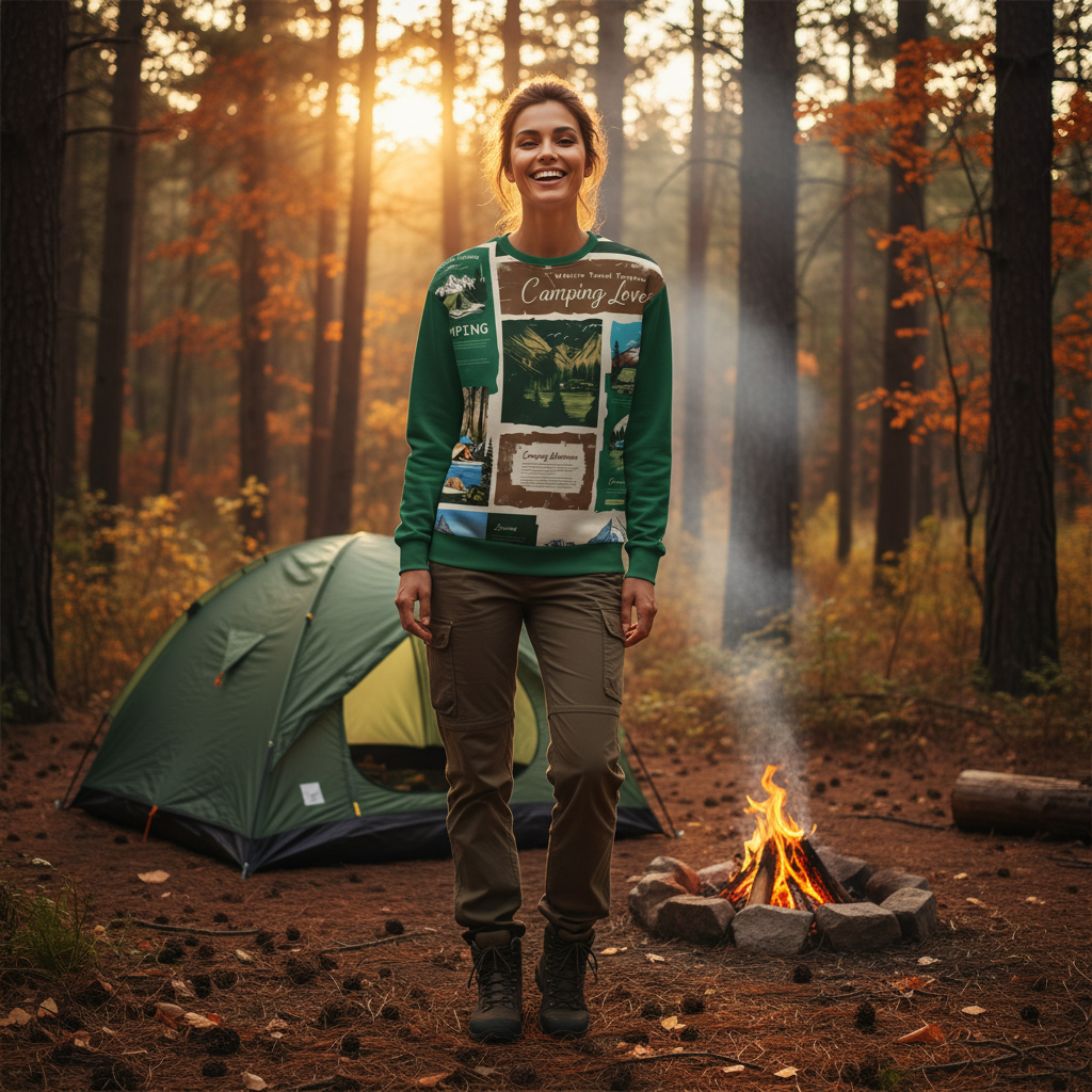 Woman in camping lovers sweatshirt at campsite with tent and fire
