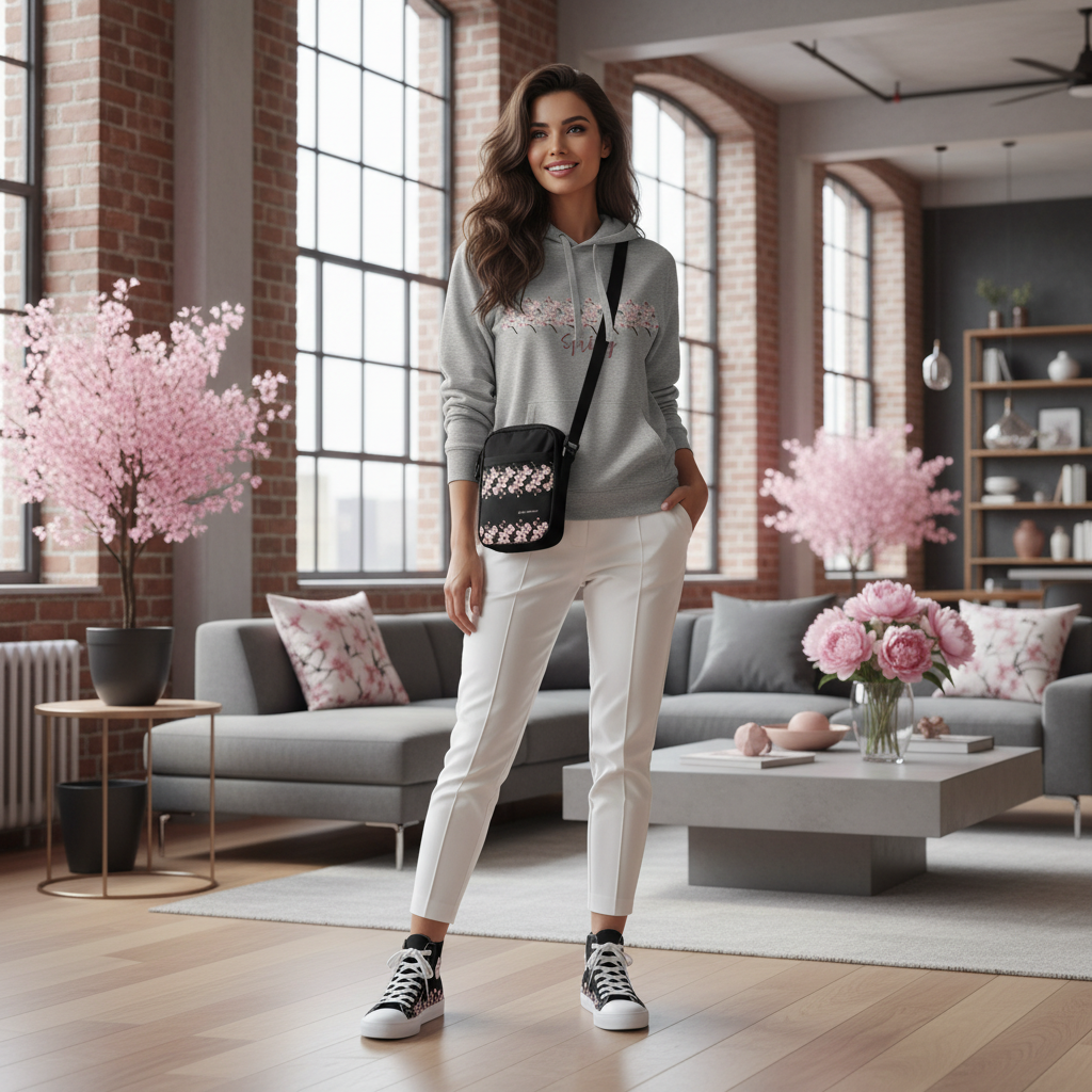 Woman in carbon grey cherry blossom hoodie with matching accessories in industrial loft