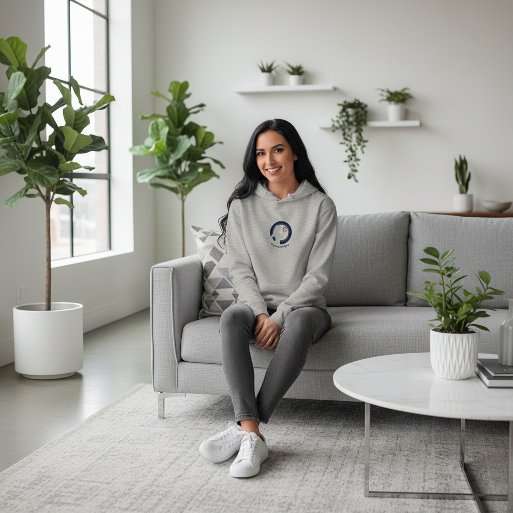 Woman in carbon grey The Journey Begins hoodie in living room