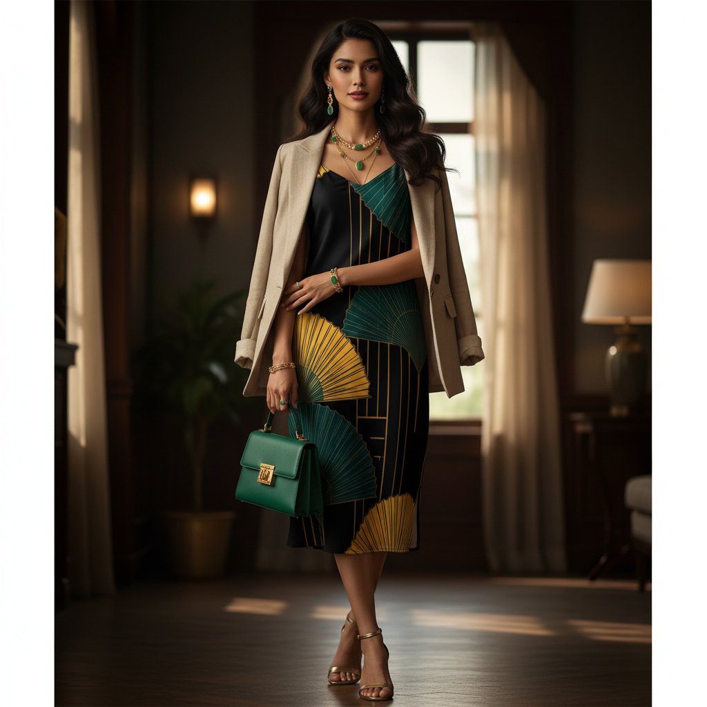 Woman in Chinese fan dress with beige blazer, gold sandals, emerald bag and jade jewelry