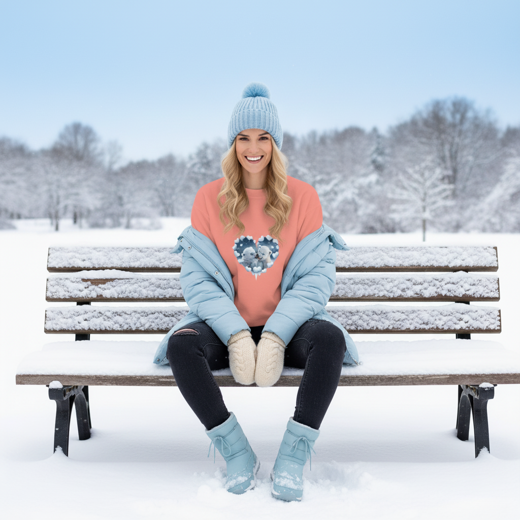 Woman in dusty rose sweatshirt sitting on snowy bench