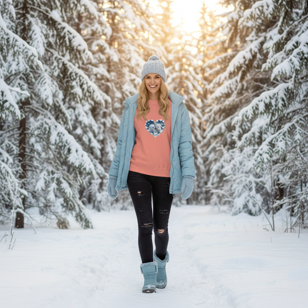 Woman in dusty rose sweatshirt walking through winter forest