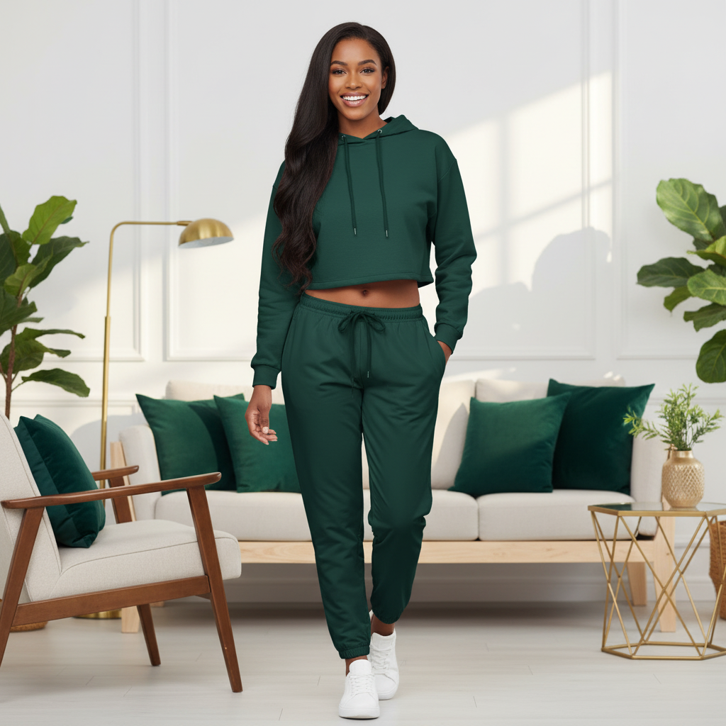 Woman in emerald green track pants and matching green hoodie standing in bright modern interior with plants