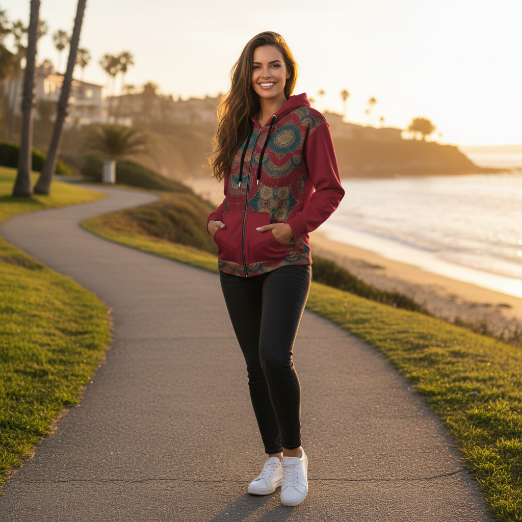 Woman in fan pattern hoodie with dark pants on coastal path