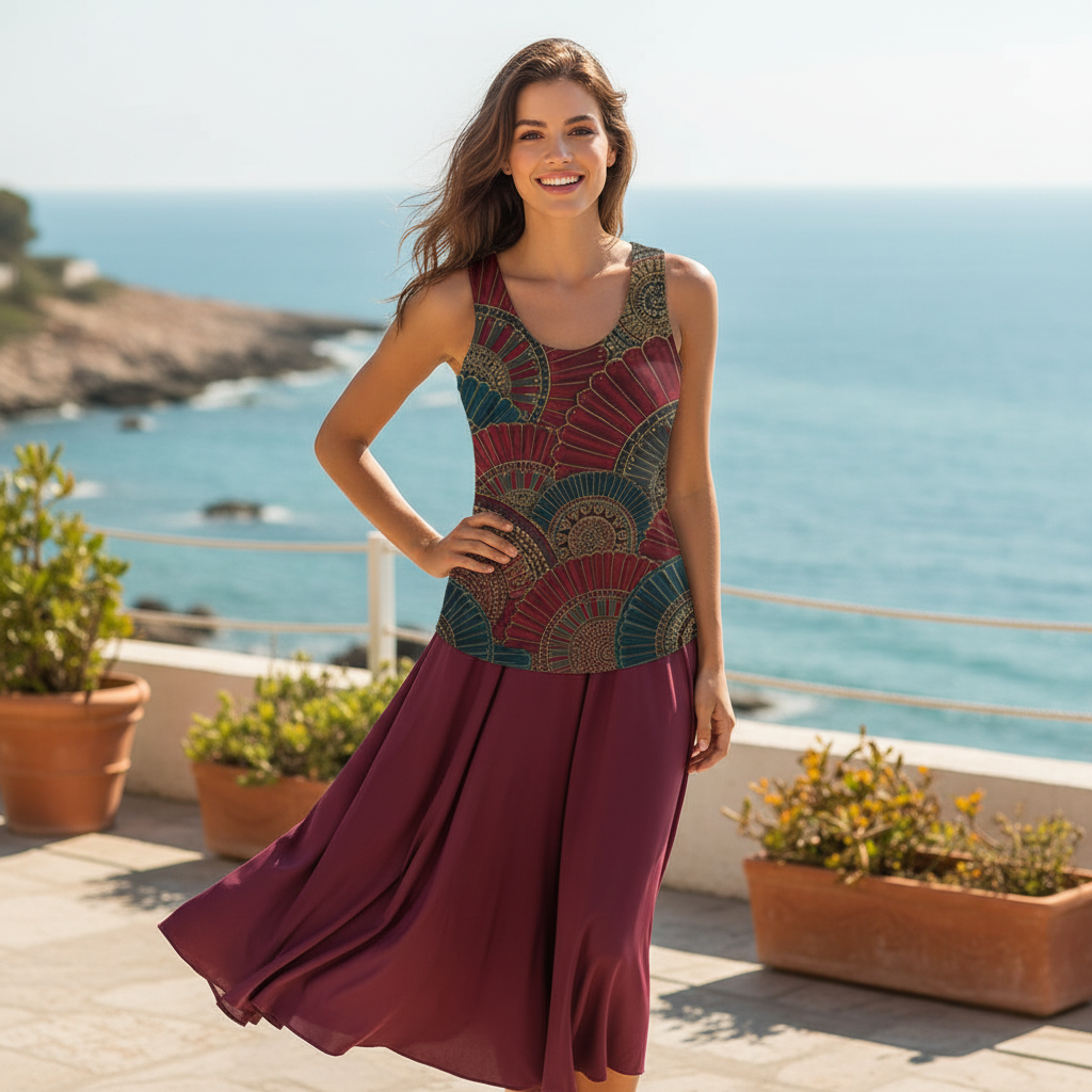 Woman in fan pattern tank top with burgundy midi skirt