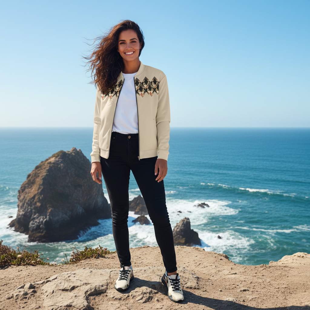 Woman in geometric bomber on dramatic coastal cliff
