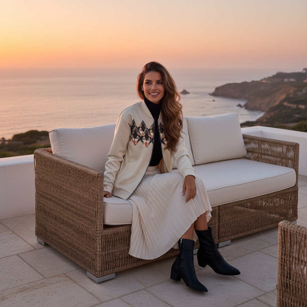 Woman in geometric bomber on elegant terrace at sunset