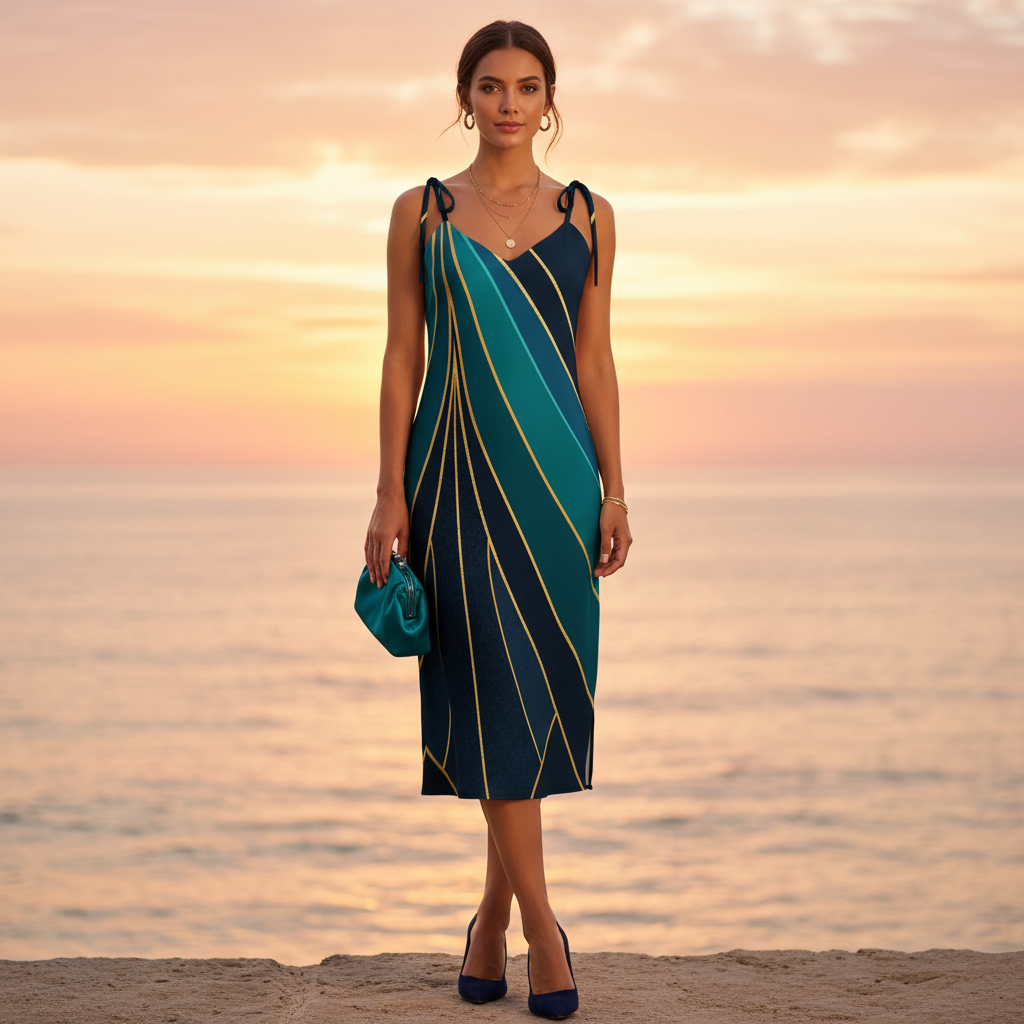 Woman in geometric slip dress with navy heels at coastal sunset