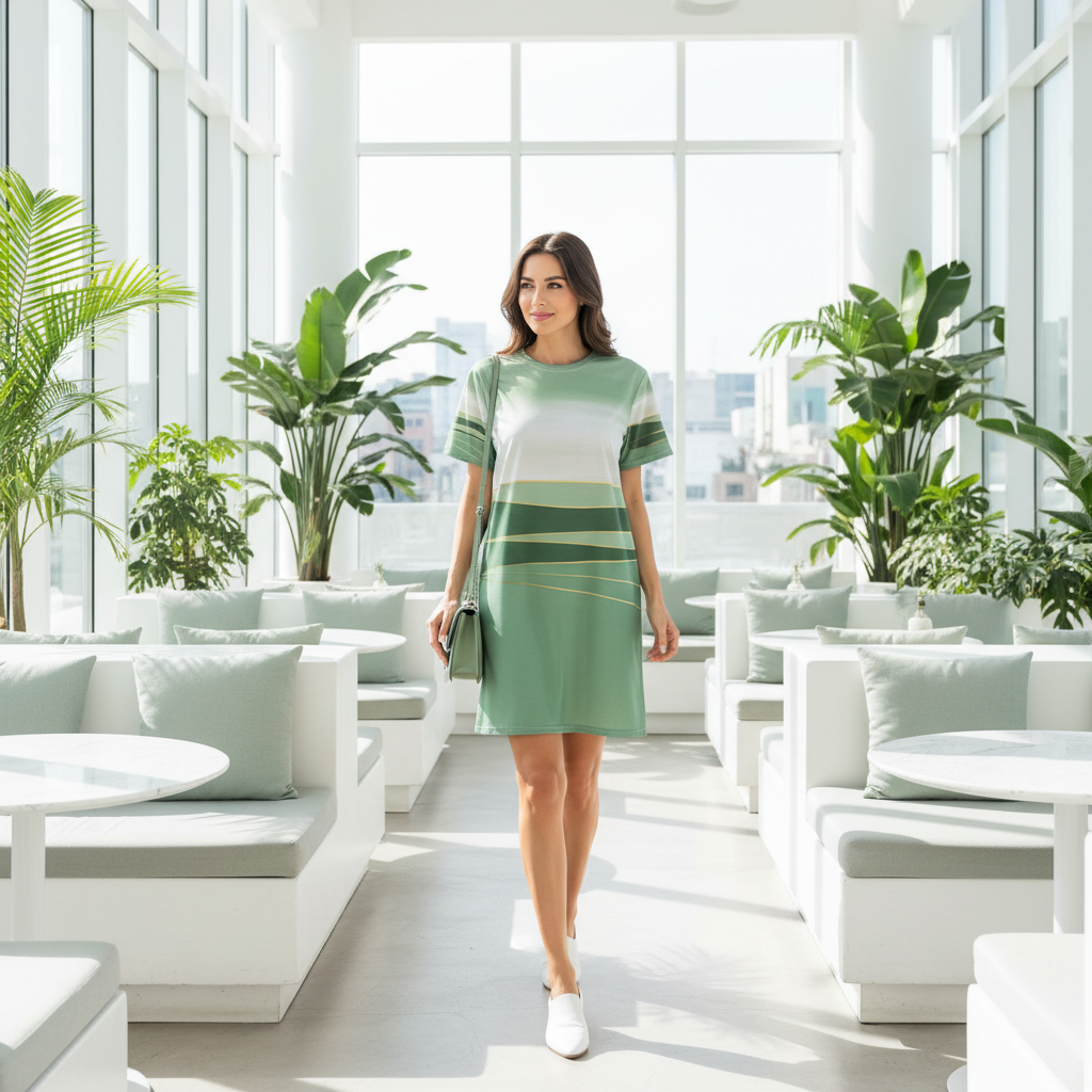 Woman in geometric striped dress with white shoes and green bag in bright restaurant