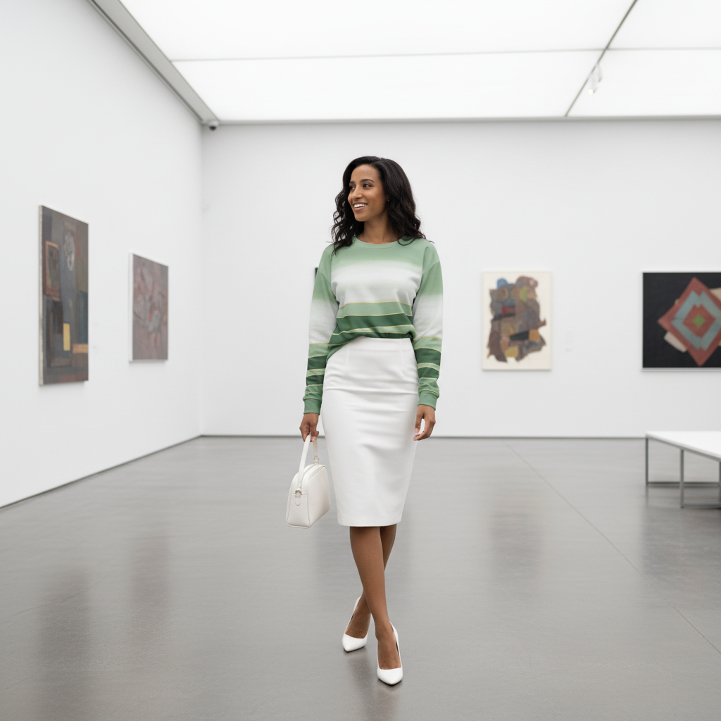 Woman in green sweatshirt with white skirt in art gallery