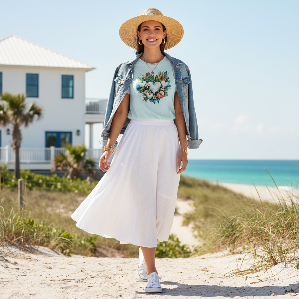 Woman in ice blue coastal hearts tee with white linen skirt and denim jacket