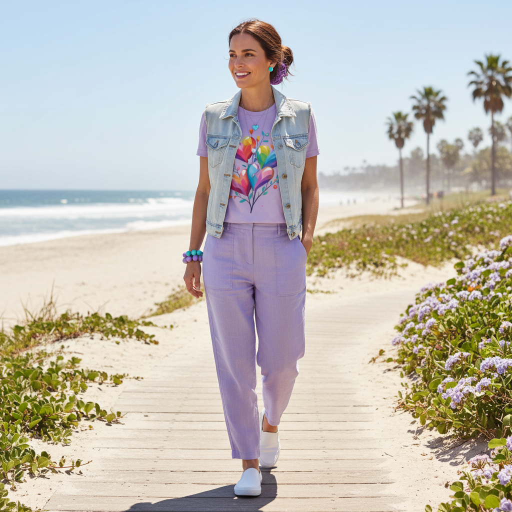 Woman in lavender heart tee with lavender pants and denim vest