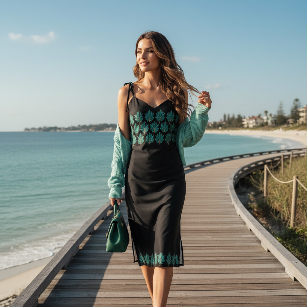 Woman in leaf dress with teal cardigan on coastal boardwalk