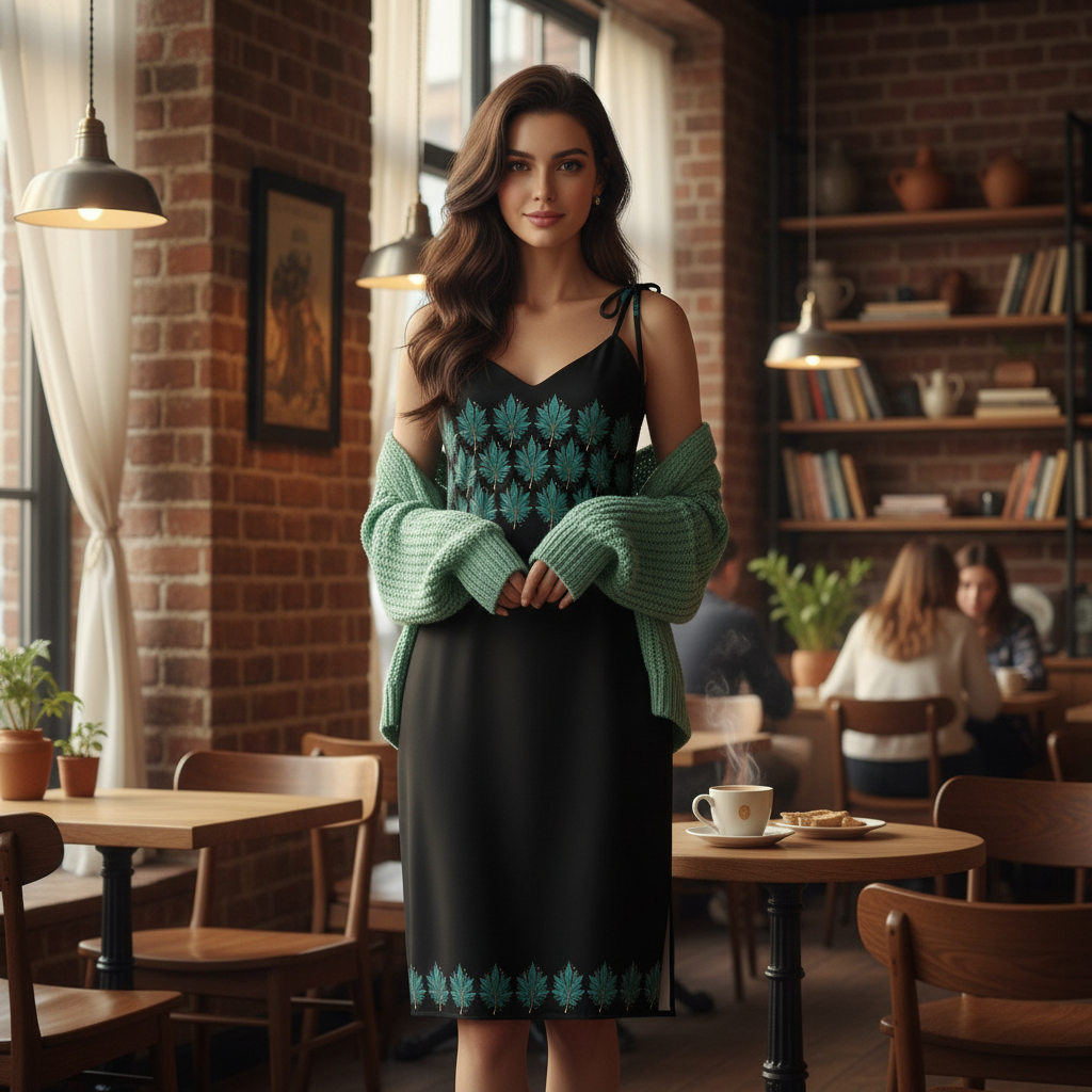 Woman in leaf print dress with cardigan in warm cafe
