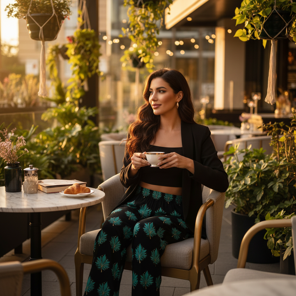 Woman in leaf print pants with black crop top at outdoor cafe