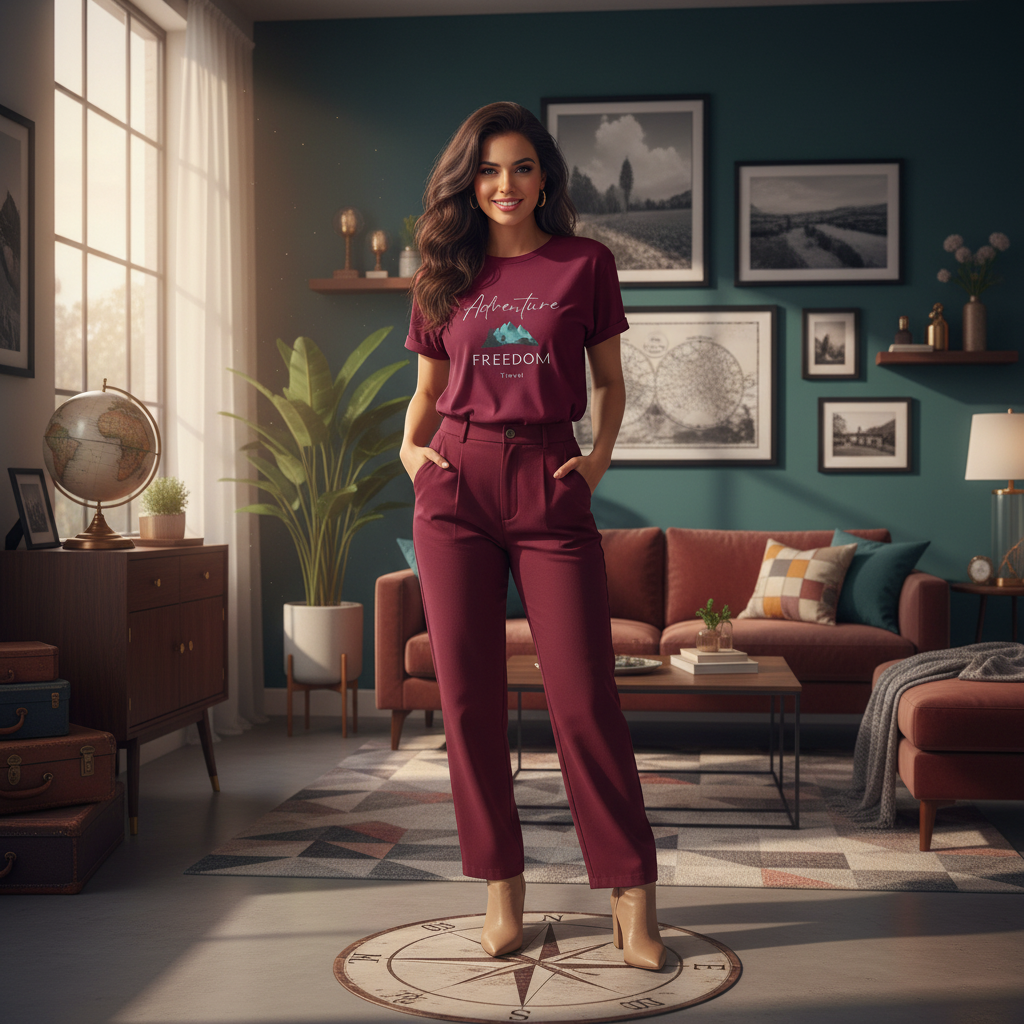 Woman in maroon Adventure Freedom Travel t-shirt in maroon living room