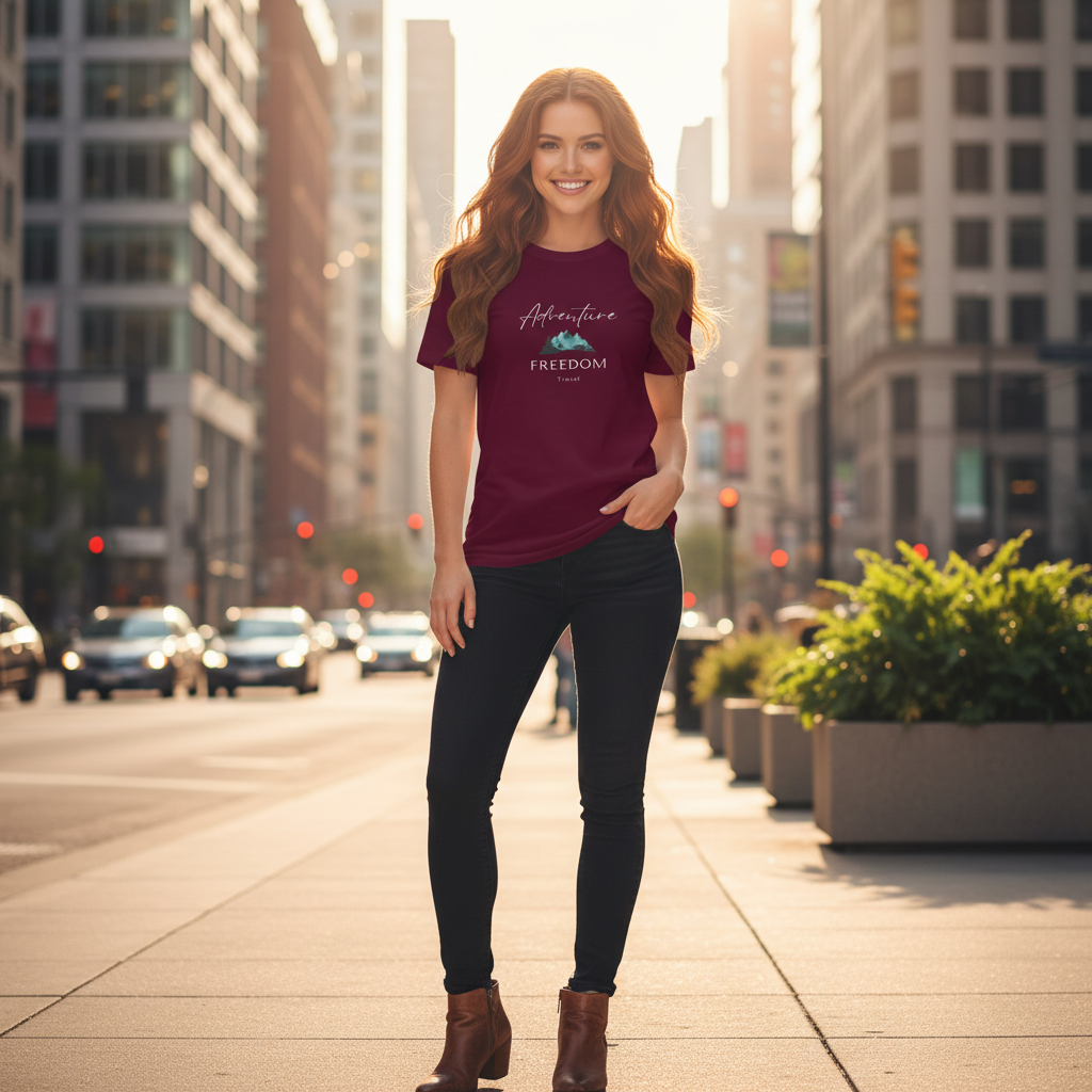 Woman in maroon Adventure Freedom Travel t-shirt with jeans