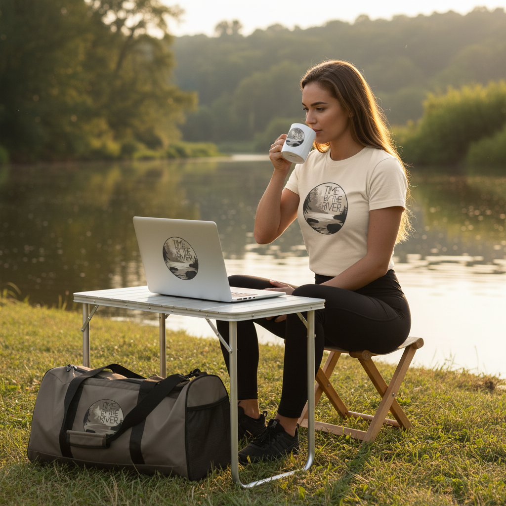 Woman in natural cream Time by the River t-shirt working on laptop with sleeve, holding ceramic mug with duffle bag by river