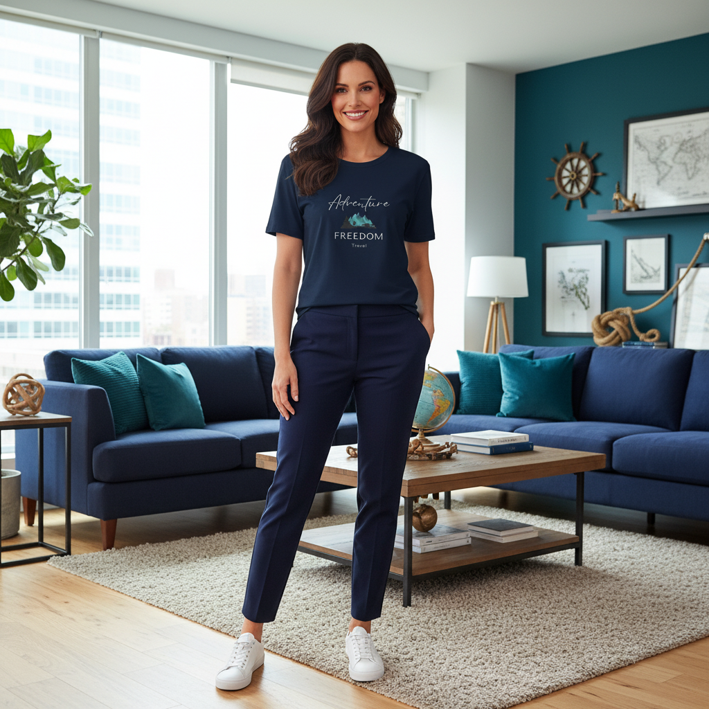 Woman in navy blue Adventure Freedom Travel t-shirt in navy apartment