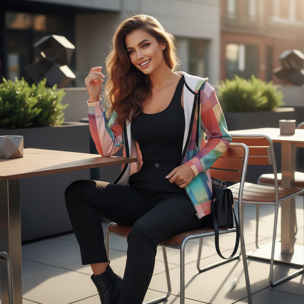 Woman in open colorful zip hoodie with all-black outfit - tailored pants