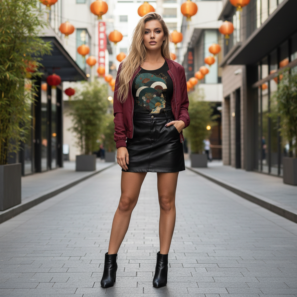 Woman in Oriental tank top with burgundy bomber jacket and leather skirt